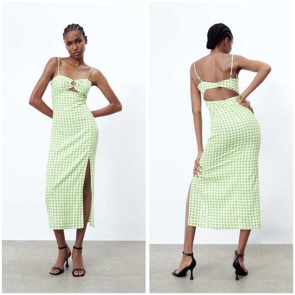 Zara Dresses & Skirts - ZARA Women's Green Gingham Linen Midi Dress Size XS NWT Blogger Favorite Summer